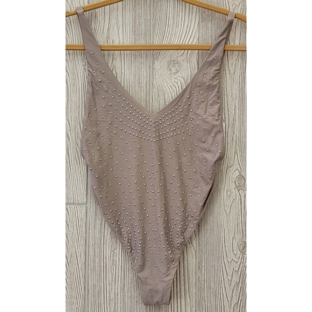 NWOT Barefoot Miss of California S Taupe Pearl Deep V Swimsuit 96387